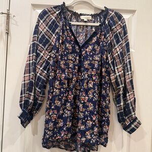 Suzanne Betro Navy Mixed-Print Floral & Plaid Tunic